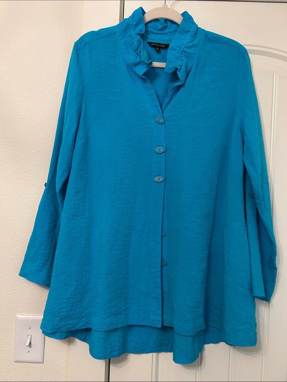 John Mark Teal Button-Front Ruffle Collar Shirt